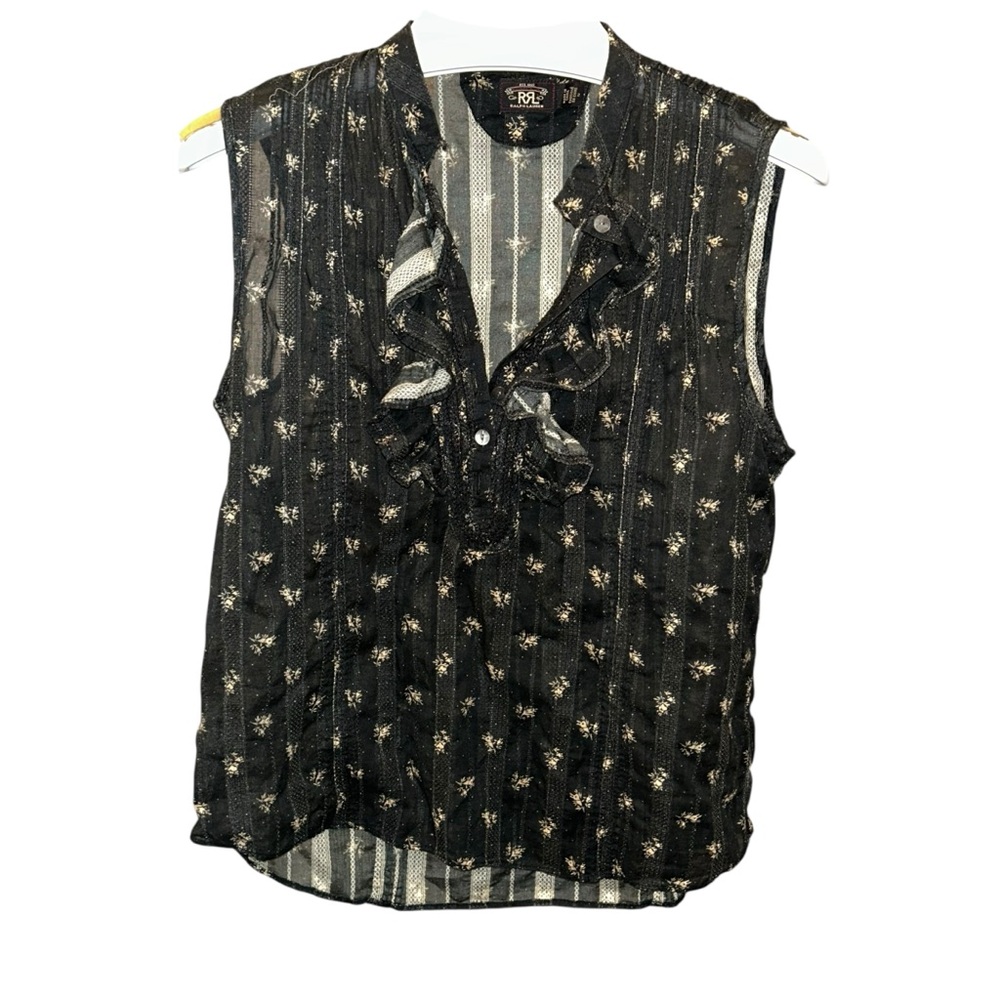 Ralph Lauren Double RR Black Floral Ruffle Blouse sleeveless M